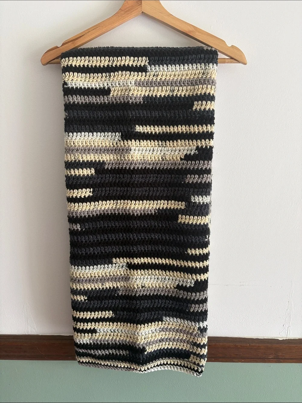 Handmade Black and Cream Striped Crochet Throw